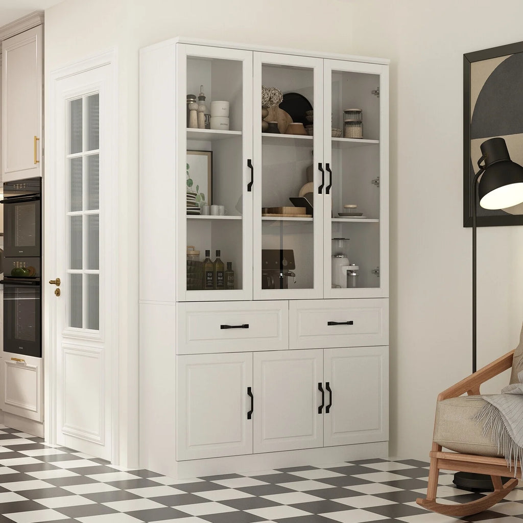 78.7"Modular White Curio Bookcase Cabinet w/Glass Doors Buffet Display