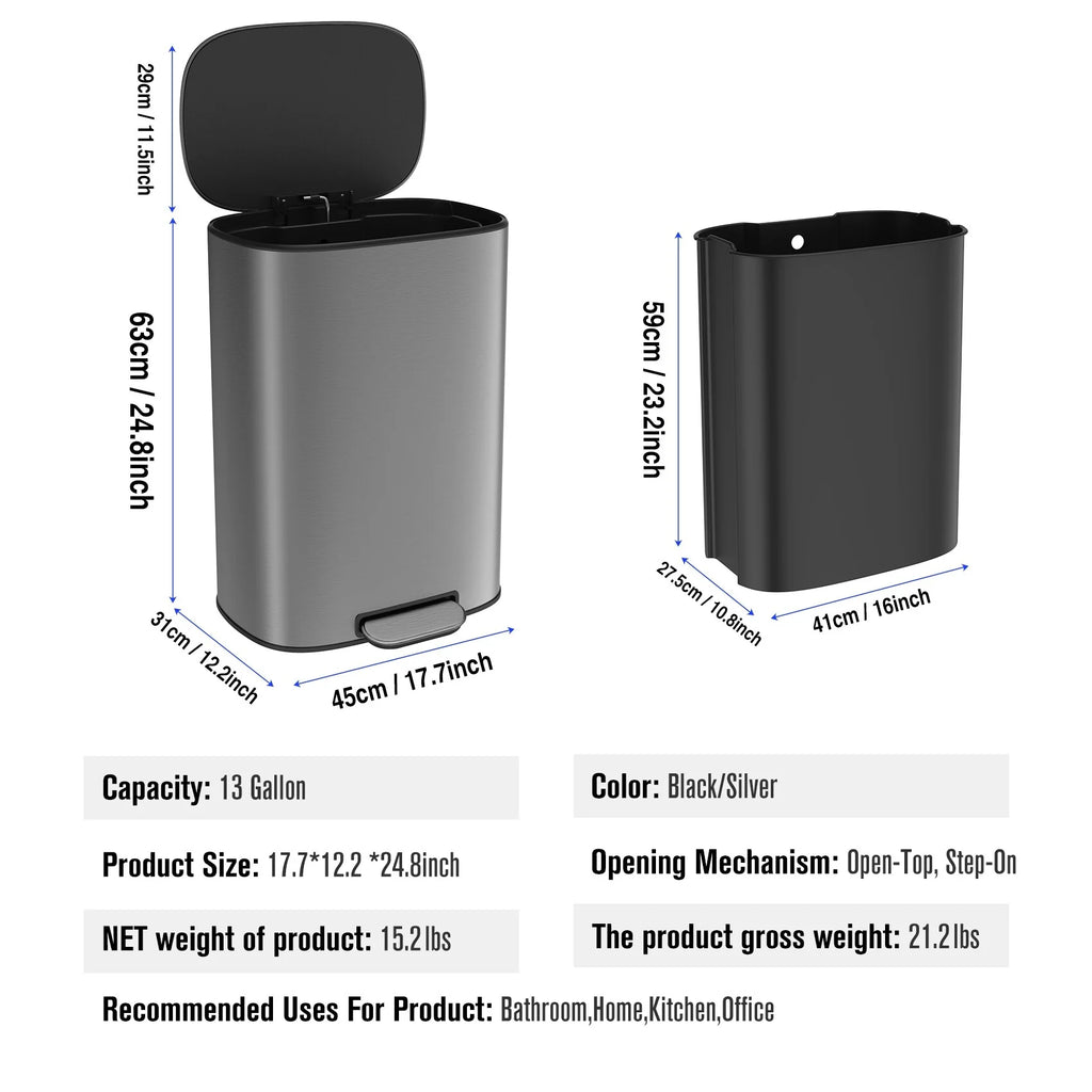 Stainless Steel 13-Gallon Kitchen Trash Can with Foot Pedal and Soft Close Lid