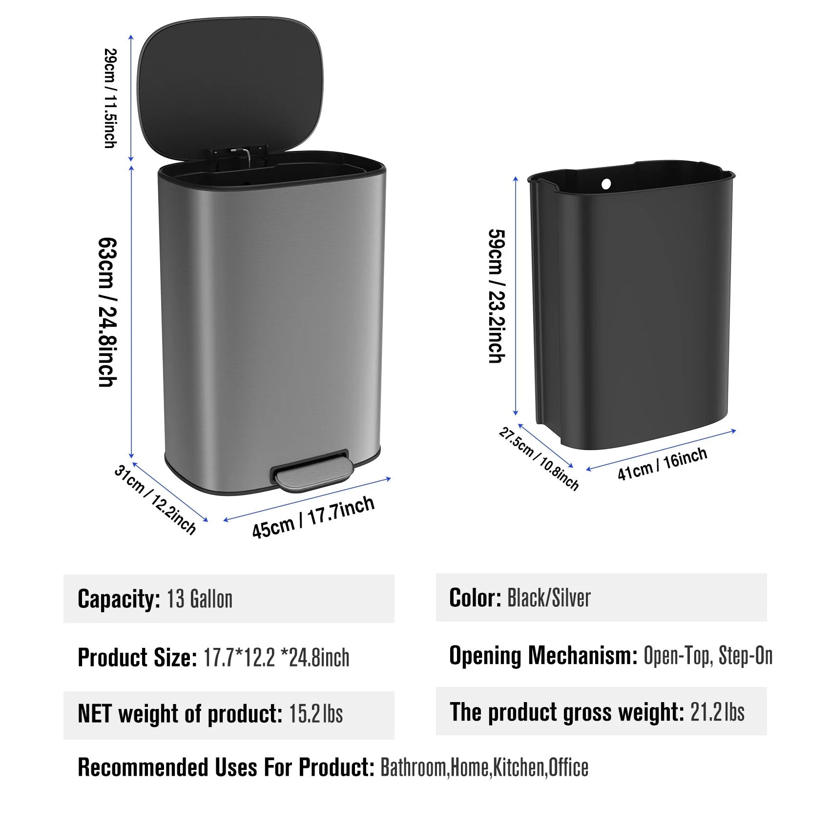Stainless Steel 13-Gallon Kitchen Trash Can with Foot Pedal and Soft Close Lid