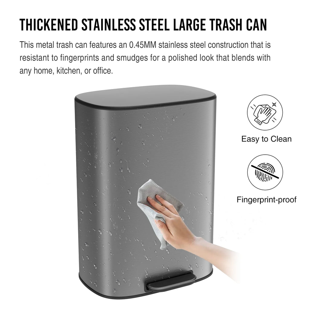Stainless Steel 13-Gallon Kitchen Trash Can with Foot Pedal and Soft Close Lid