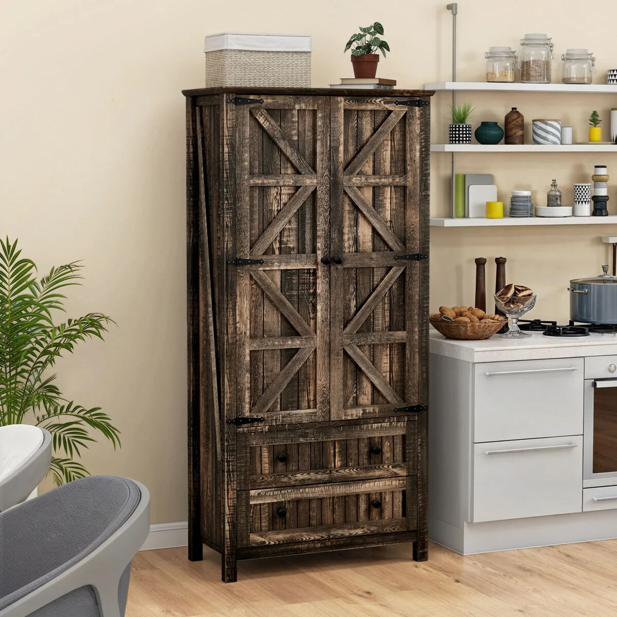 64" Farmhouse Tall Kitchen Pantry Storage Cabinet with 2 Drawers & Doors