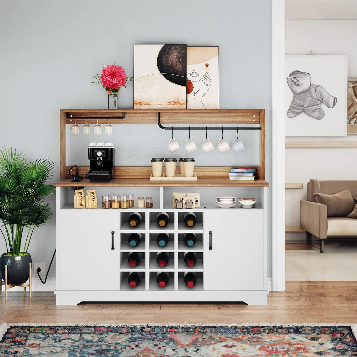 Moasis 55" Farmhouse Coffee Bar Cabinet Wine Buffet Cabinet - 15.7"D x 54.7"W x 50.3"H