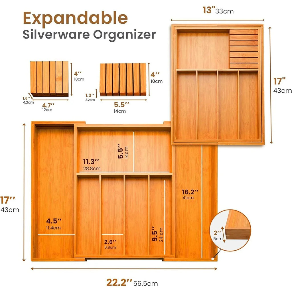 Utensil Organizer - Bamboo Expandable Silverware Organizer, Utensil Holder & Cutlery Tray with Divider and Removable Knife Block