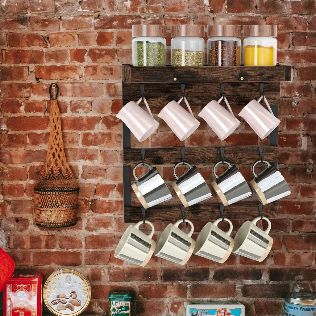 Coffee Mug Display Rack Wall Mounted Shelf with 12 Hooks for Kitchen