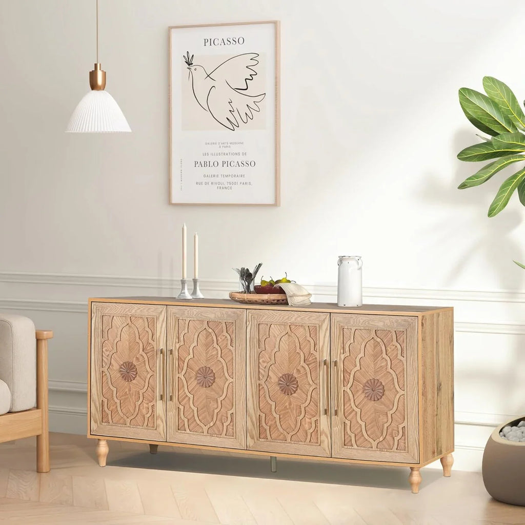 Roomfitters Carved Flower Door Large Storage Cabinet with Metal Handle - Perfect for Living Room, Kitchen, Entryway