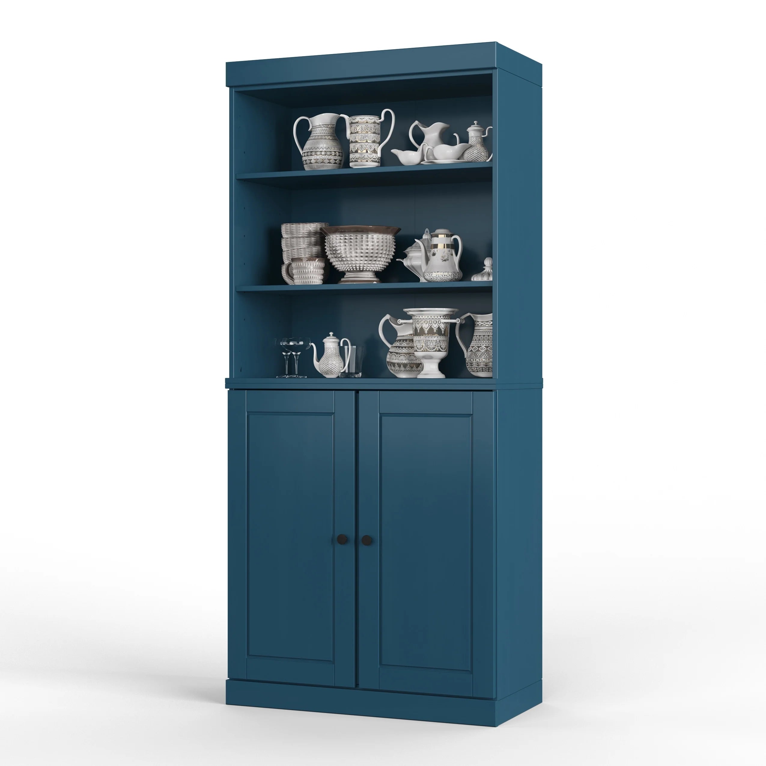100% Solid Wood Kitchen Pantry Cabinet with 2 Clear Glass or Solid Wood Doors and 2-Drawer Organizer by Palace Imports
