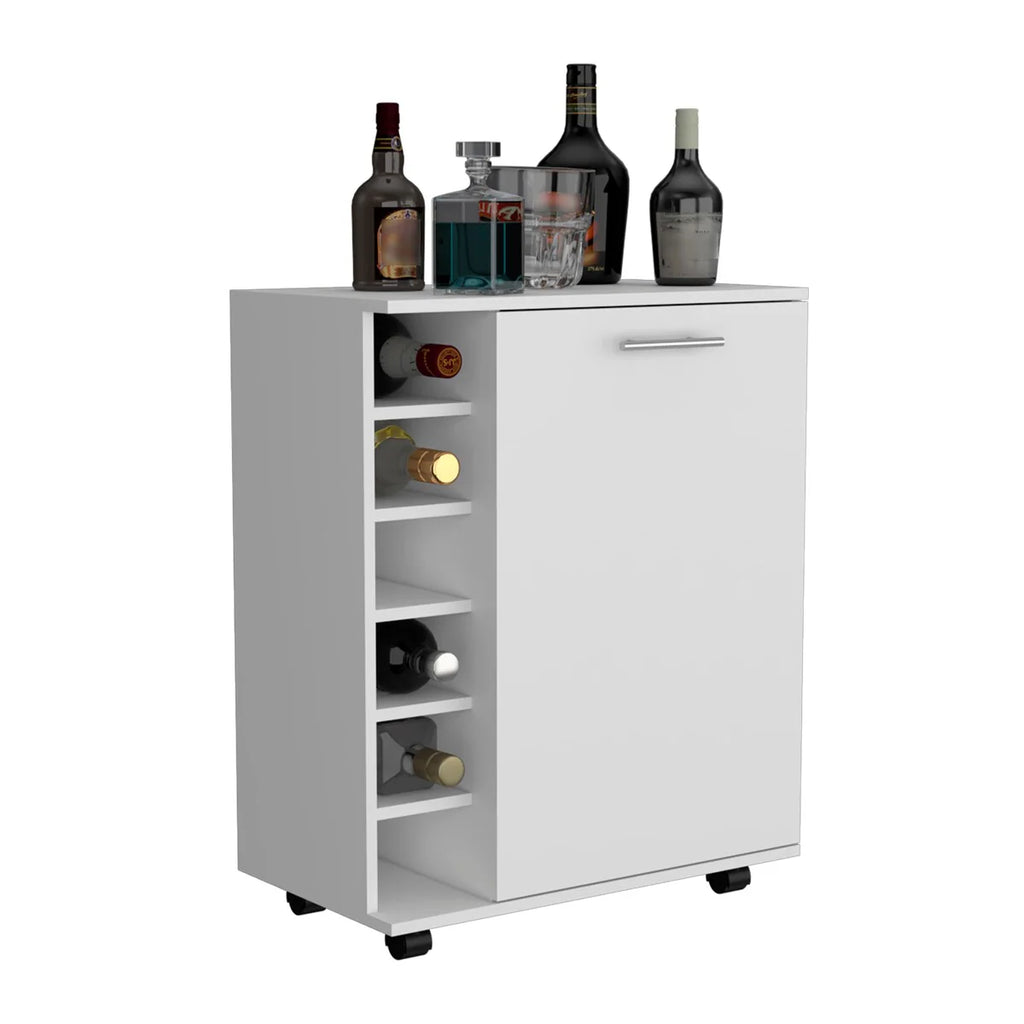 32" H white bar -coffee cart,living room cabinet storage with 4 wheels, with 6 bottle racks, a central shelf covered by 1 door