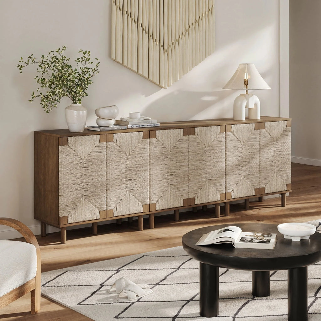 Nathan James Beacon Wood Accent Cabinet with Seagrass Doors and Adjustable Shelf