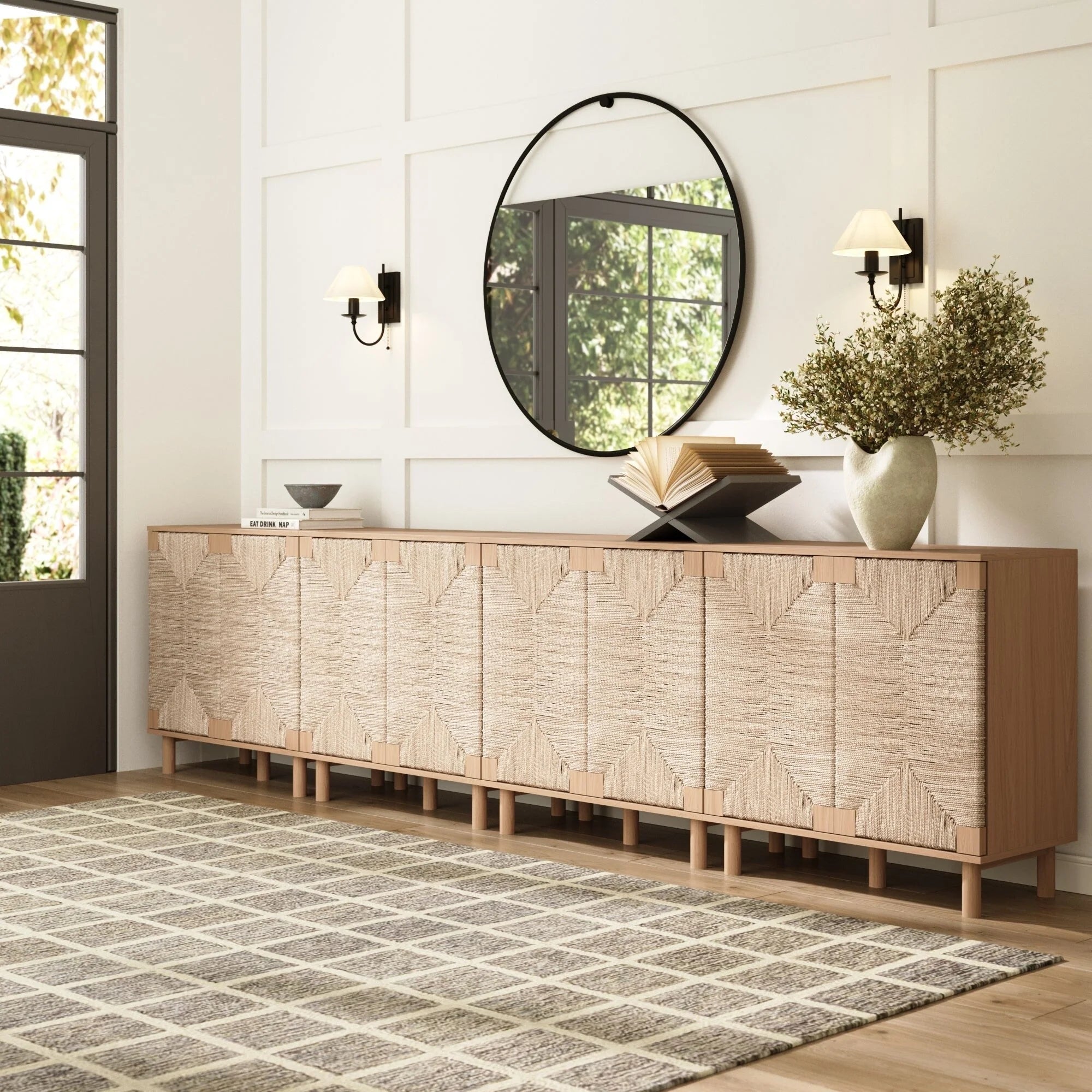 Nathan James Beacon Wood Accent Cabinet with Seagrass Doors and Adjustable Shelf
