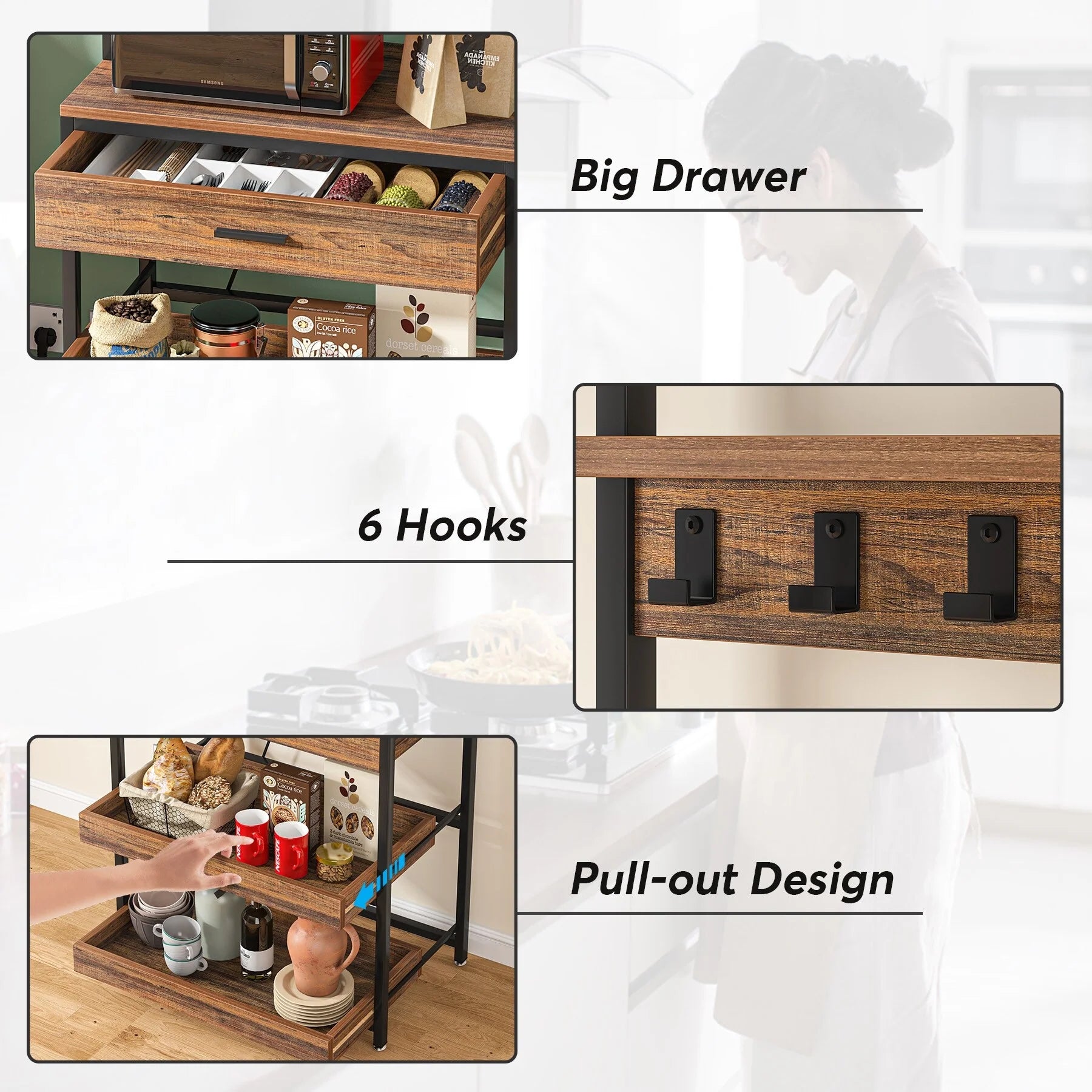 Kitchen Bakers Rack with Power Outlets, High Utility Storage Shelves Microwave Stand with Drawers