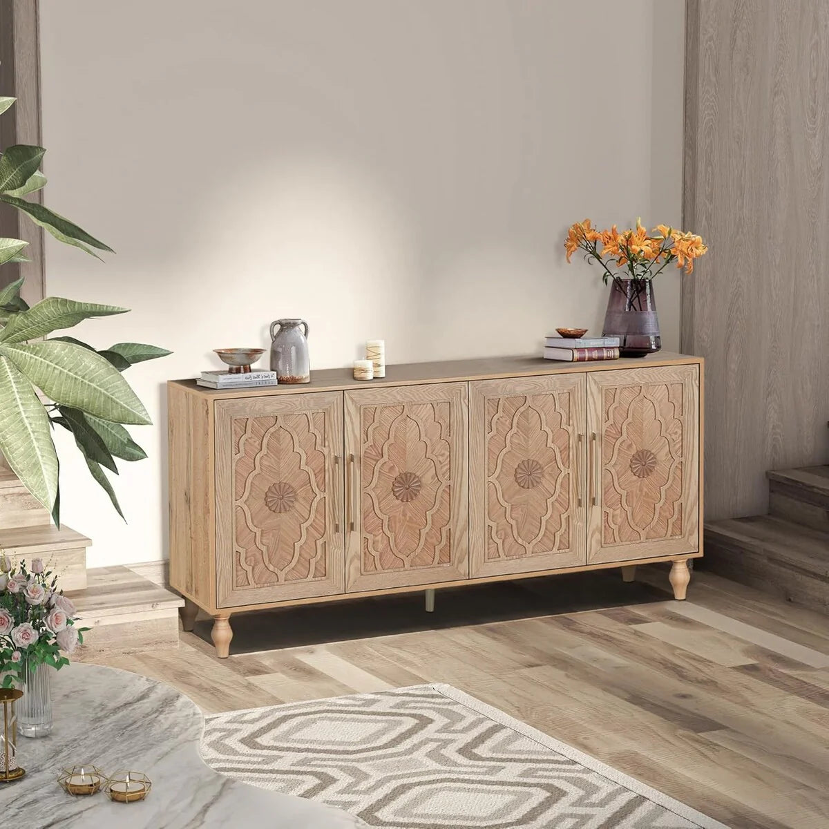 Roomfitters Carved Flower Door Large Storage Cabinet with Metal Handle - Perfect for Living Room, Kitchen, Entryway