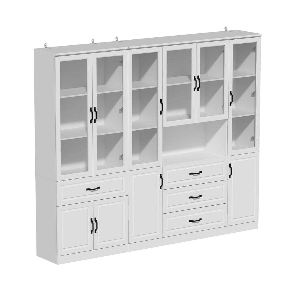 78.7"Modular White Curio Bookcase Cabinet w/Glass Doors Buffet Display