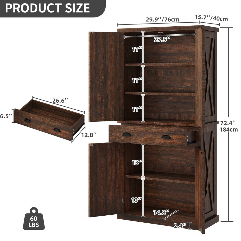 Moasis Farmhouse Freestanding 72'' Kitchen Pantry Storage Cabinet Cupboard with Drawer Adjustable Shelves