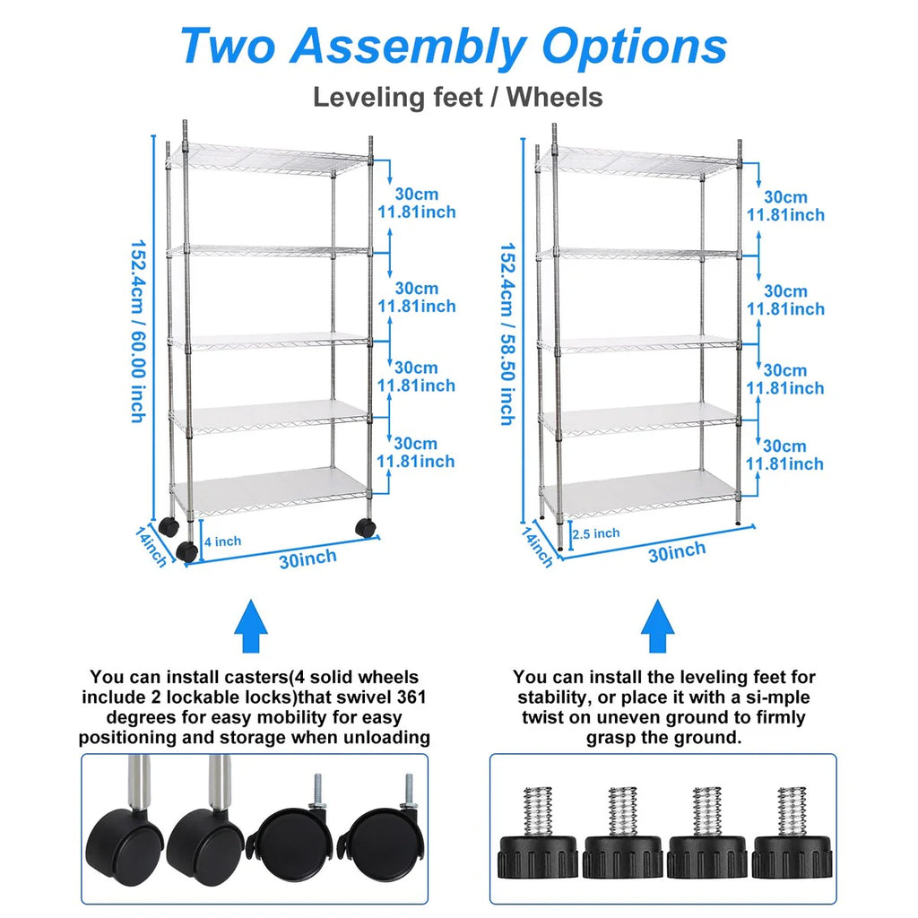 5 Tier Wire Shelving Unit, Heavy Duty Metal Large Storage Shelves Height Adjustable for Garage Kitchen Office