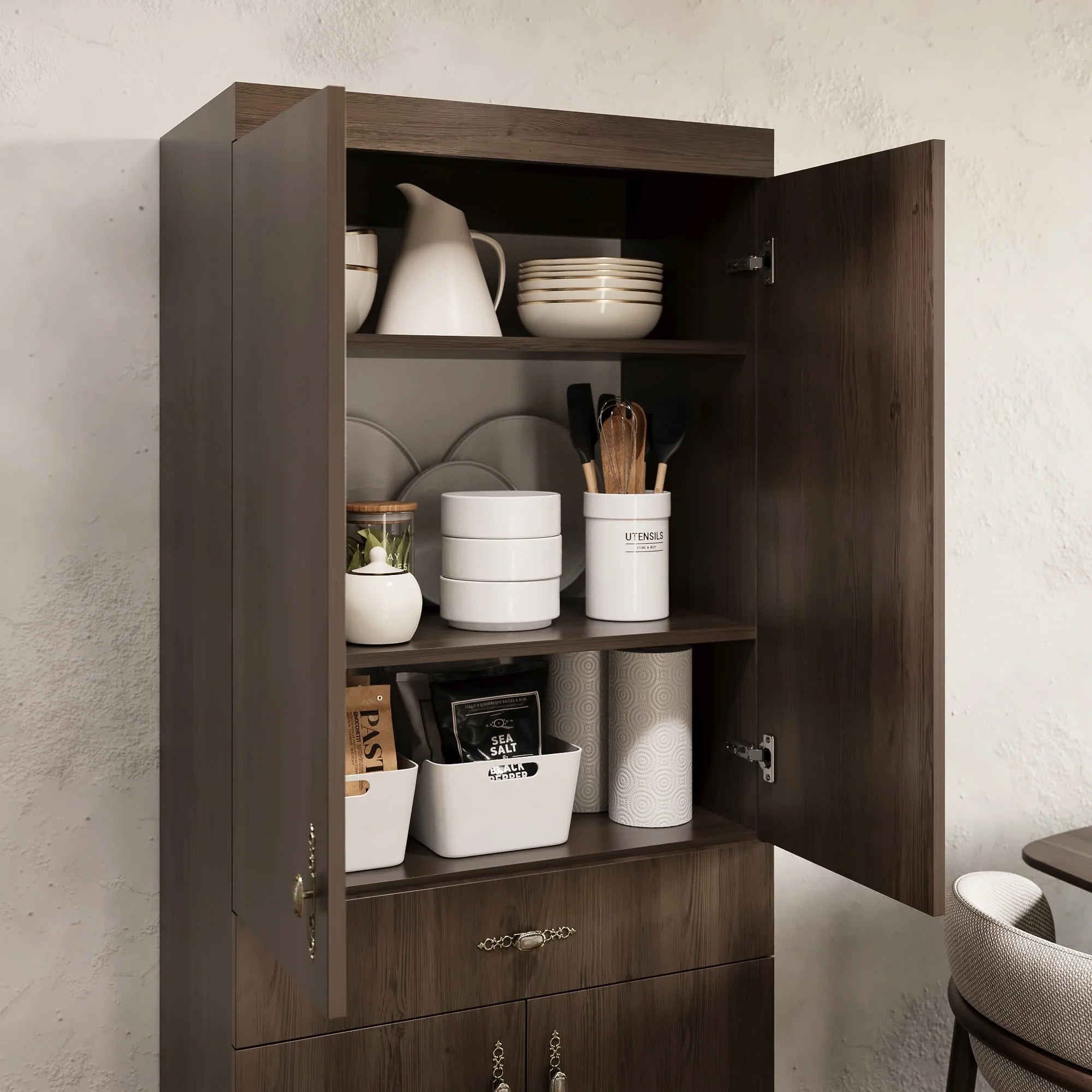 Living Skog Monti Food Pantry Storage Kitchen Cabinet with Adjustable Shelves and Drawer