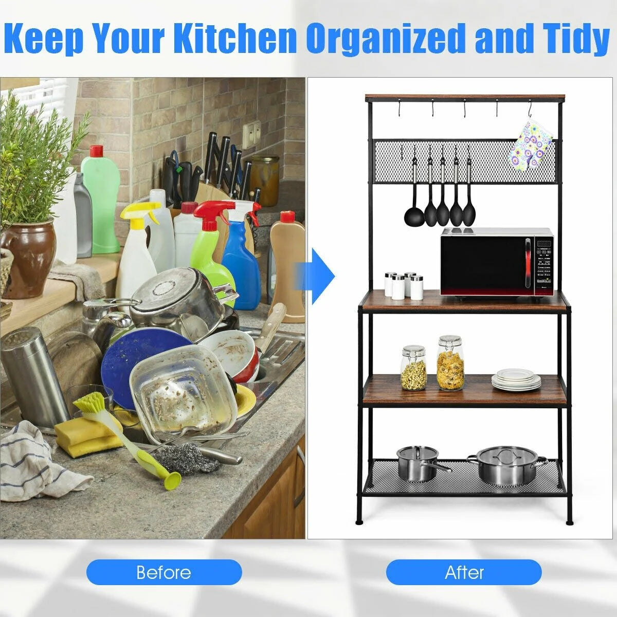 4-Tier Bakers Rack Kitchen Rack Stand with Hooks and Mesh Panel
