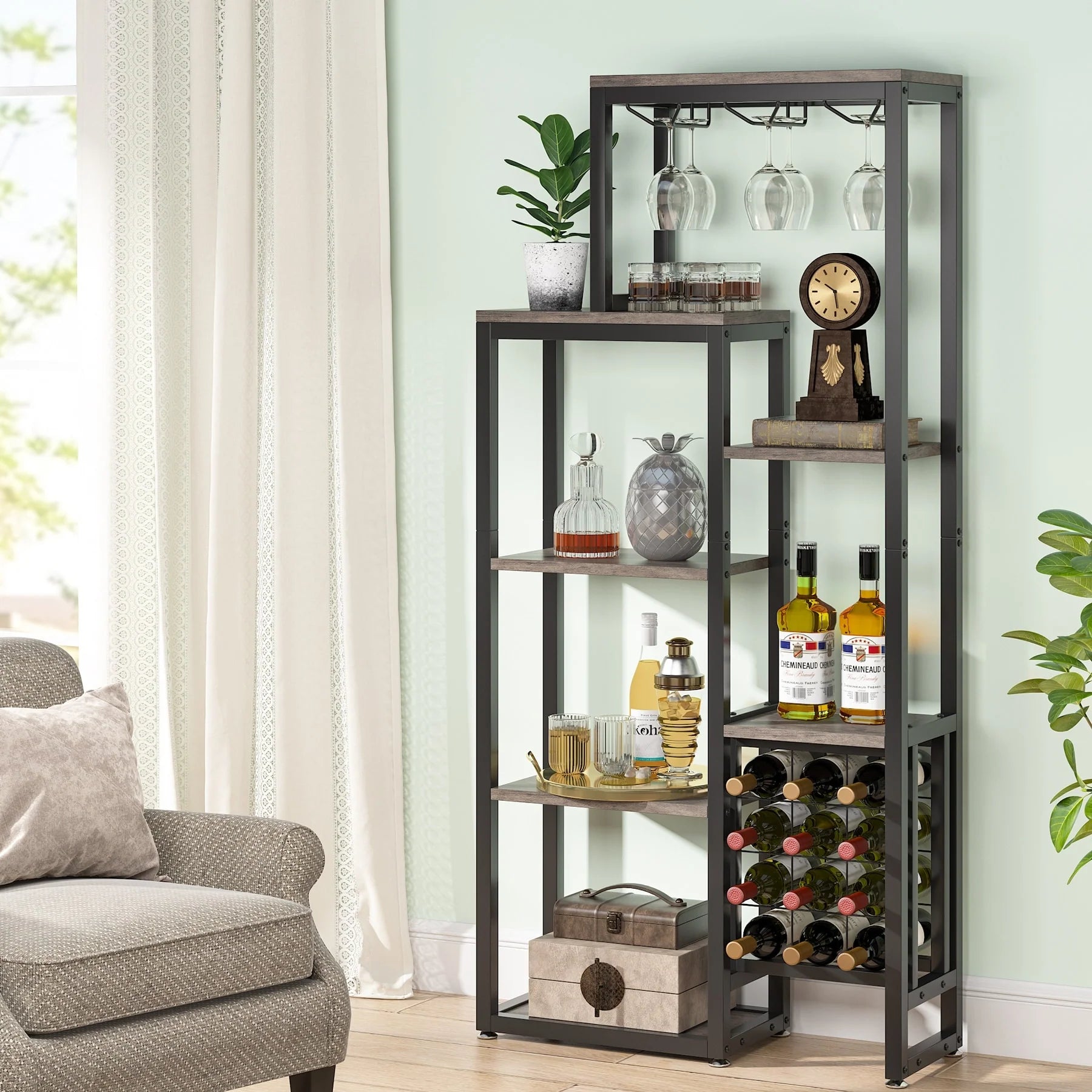 5-Tier Freestanding Floor Wine Baker Rack with Glass Holder & Wine Storage, Industrial Wine Display for Bar, Dining Room - N/A