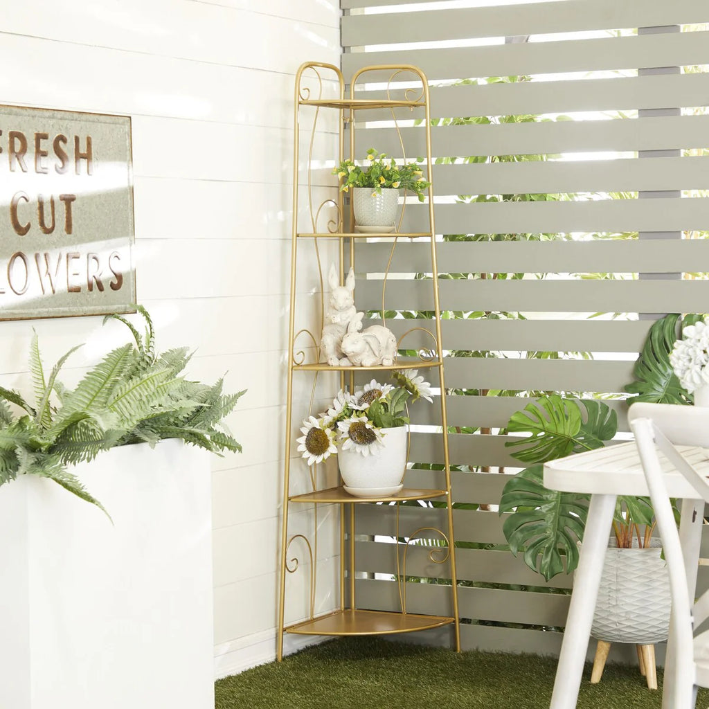 Metal Scroll Indoor Outdoor Tall Folding 5 Shelves Bakers Rack - Gold or White - Roche River Decor
