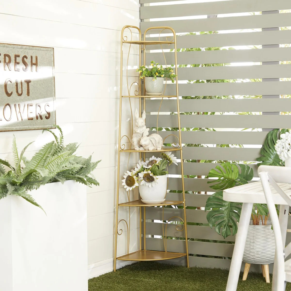 Metal Scroll Indoor Outdoor Tall Folding 5 Shelves Bakers Rack - Gold or White - Roche River Decor