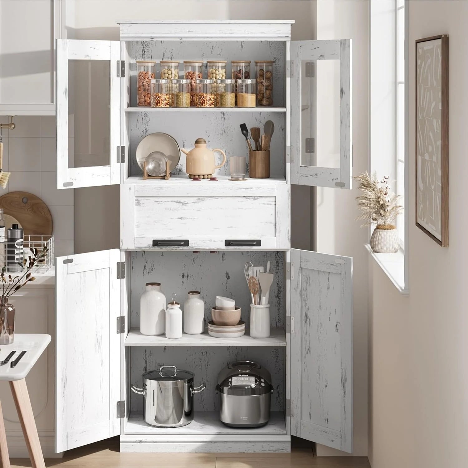 Tall Bathroom Cabinet, Freestanding Storage Cabinet with Glass Doors