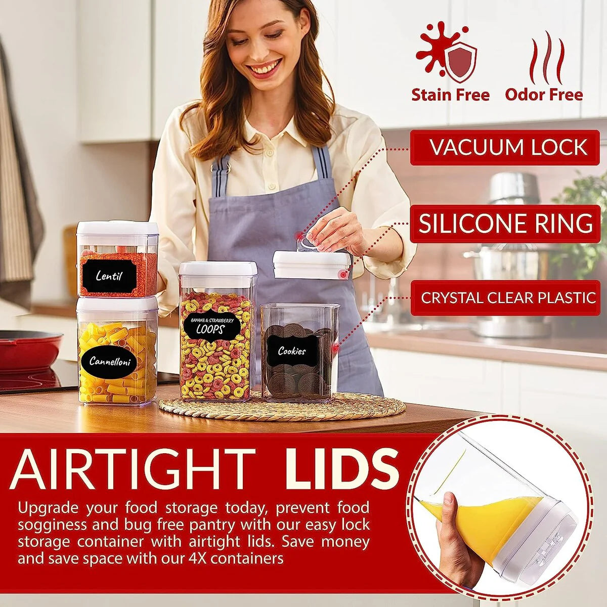 4 Pieces Set Air tight Food Storage Containers for Kitchen Pantry Organization