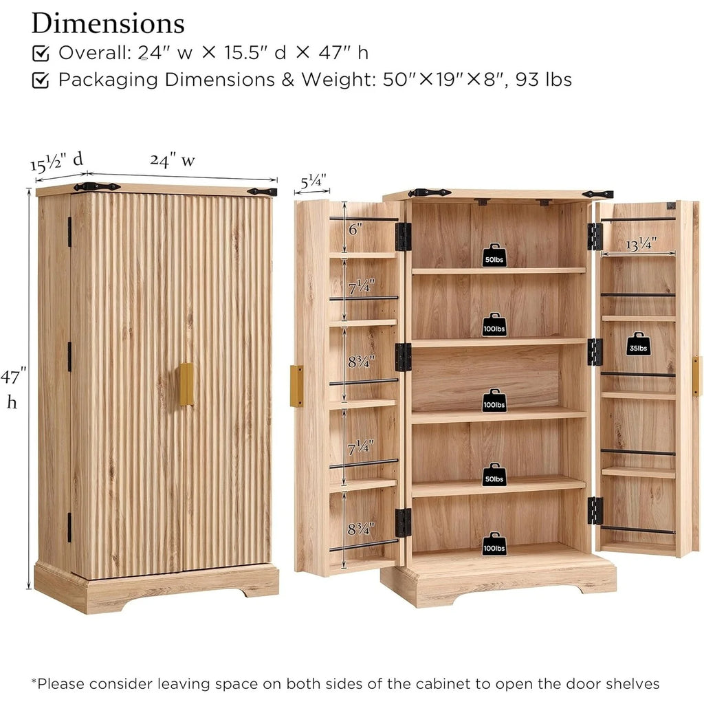 Modern Fluted Pantry Cabinet, Storage Cabinet, Wood Cupboard Organizer