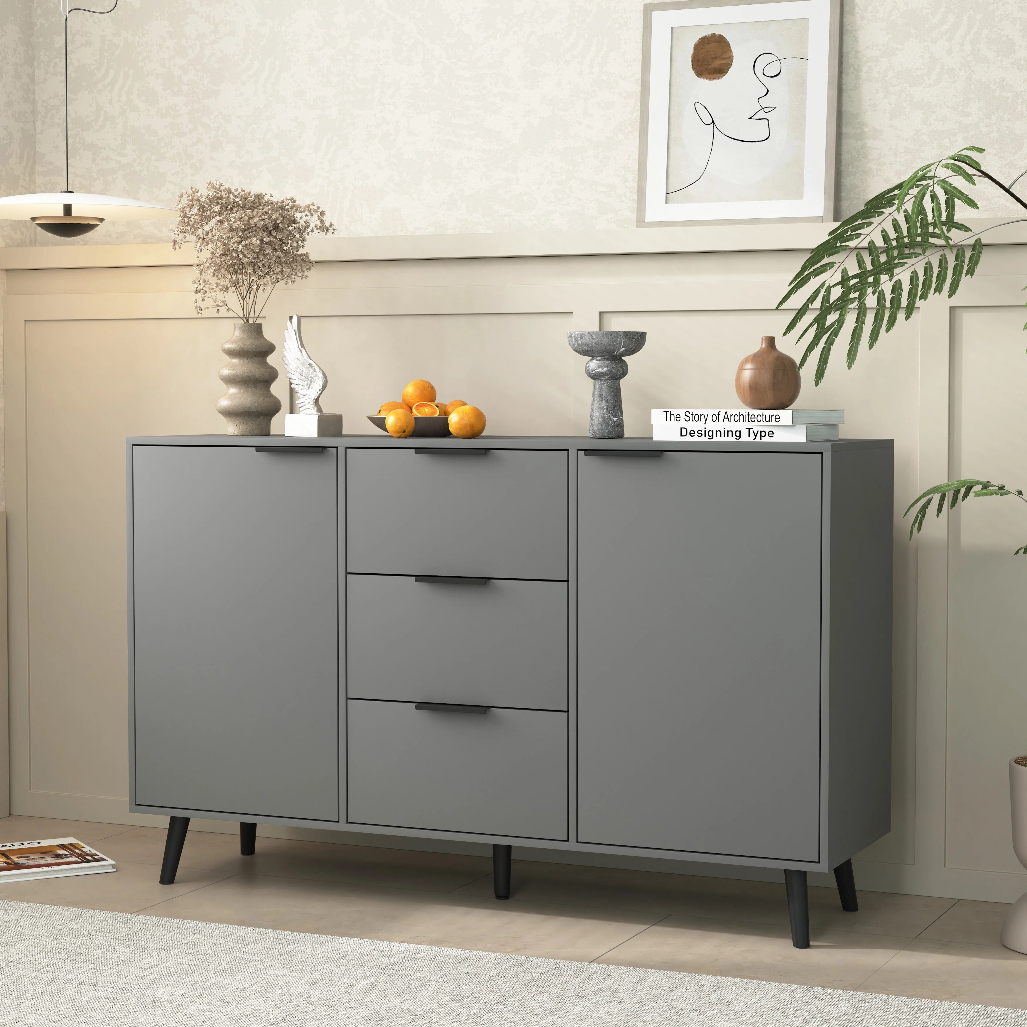 Sideboard Buffet Cabinet with Storage, Wood Coffee Bar Cabinet with Drawers & Doors