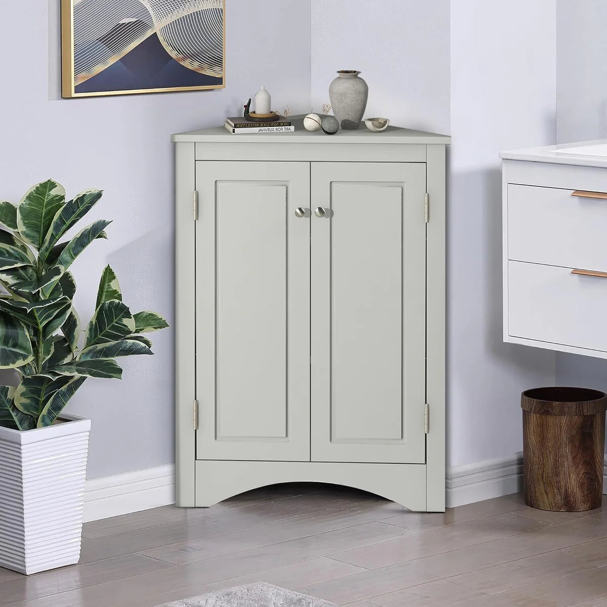 Modern Stylish Triangle Corner Storage Cabinet with Two Adjustable Internal Shelves