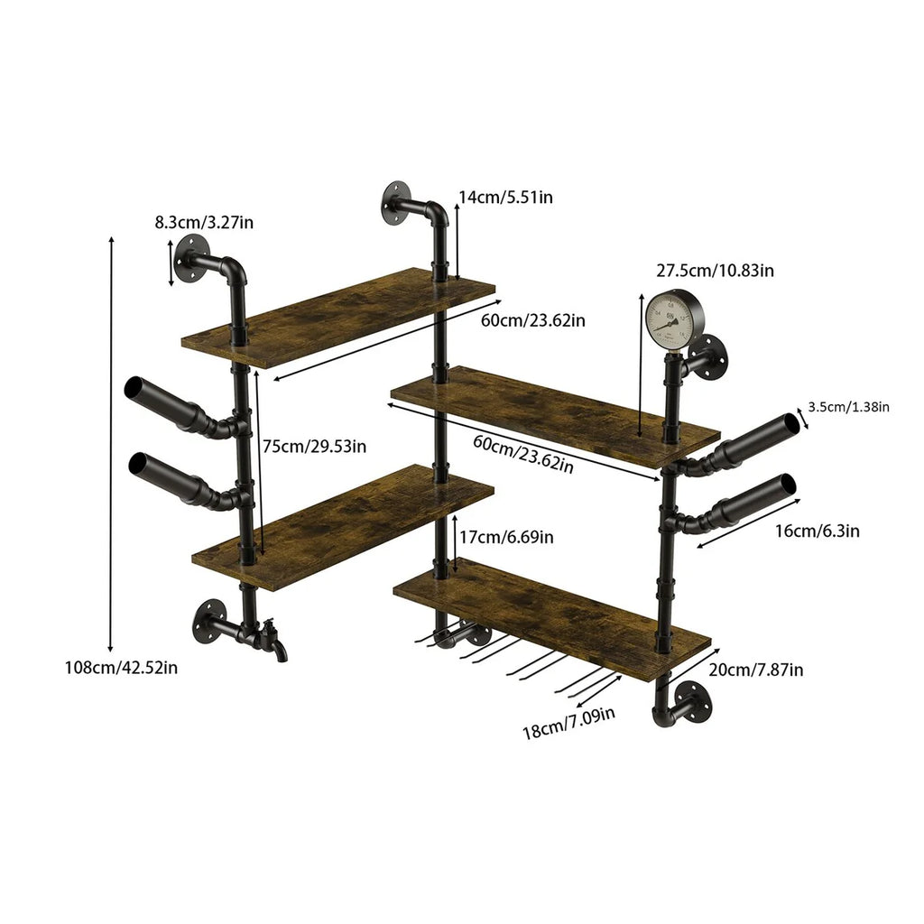 Industrial Pipe Wall Mounted Wine Rack Holder Corner Wine Storage Shelf 4 Tiers