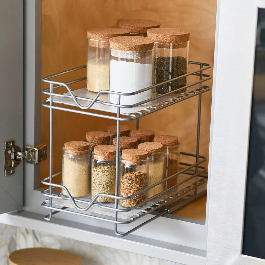 Household Essentials 2-Tier Brushed Nickel Spice Rack Organizer, Sliding Pantry Organizer