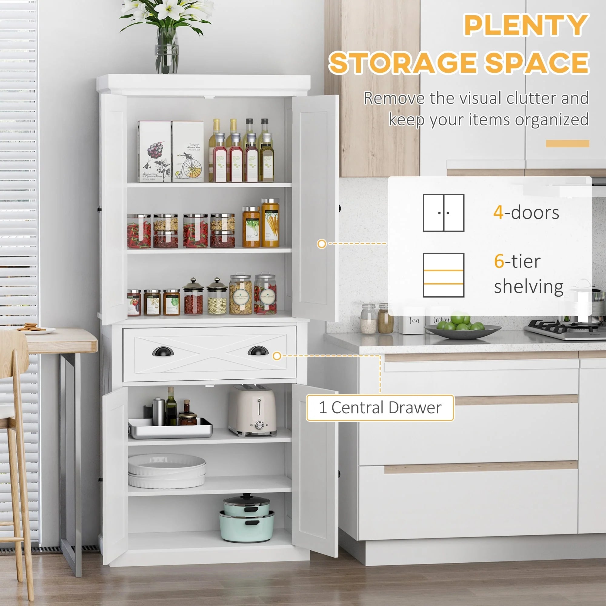 HOMCOM Freestanding Modern Farmhouse 4 Door Kitchen Pantry Cabinet, Storage Cabinet Organizer with 6-Tiers