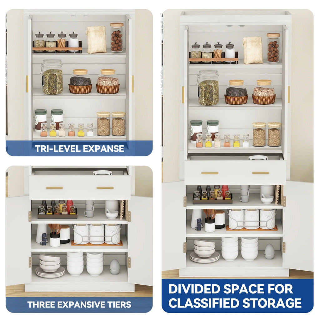 Moasis Farmhouse Freestanding 72'' Kitchen Pantry Storage Cabinet Cupboard with Drawer Adjustable Shelves