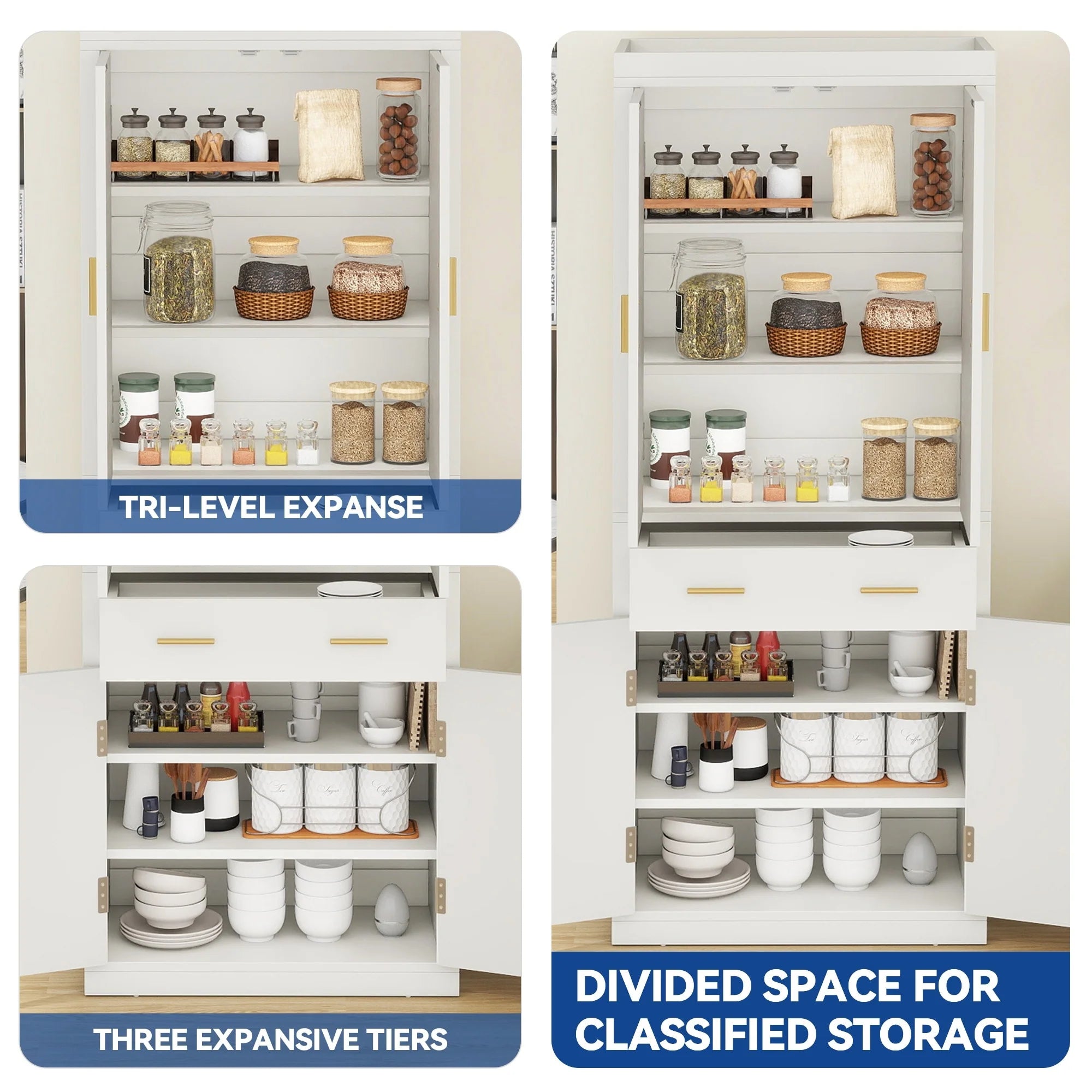 Moasis Farmhouse Freestanding 72'' Kitchen Pantry Storage Cabinet Cupboard with Drawer Adjustable Shelves