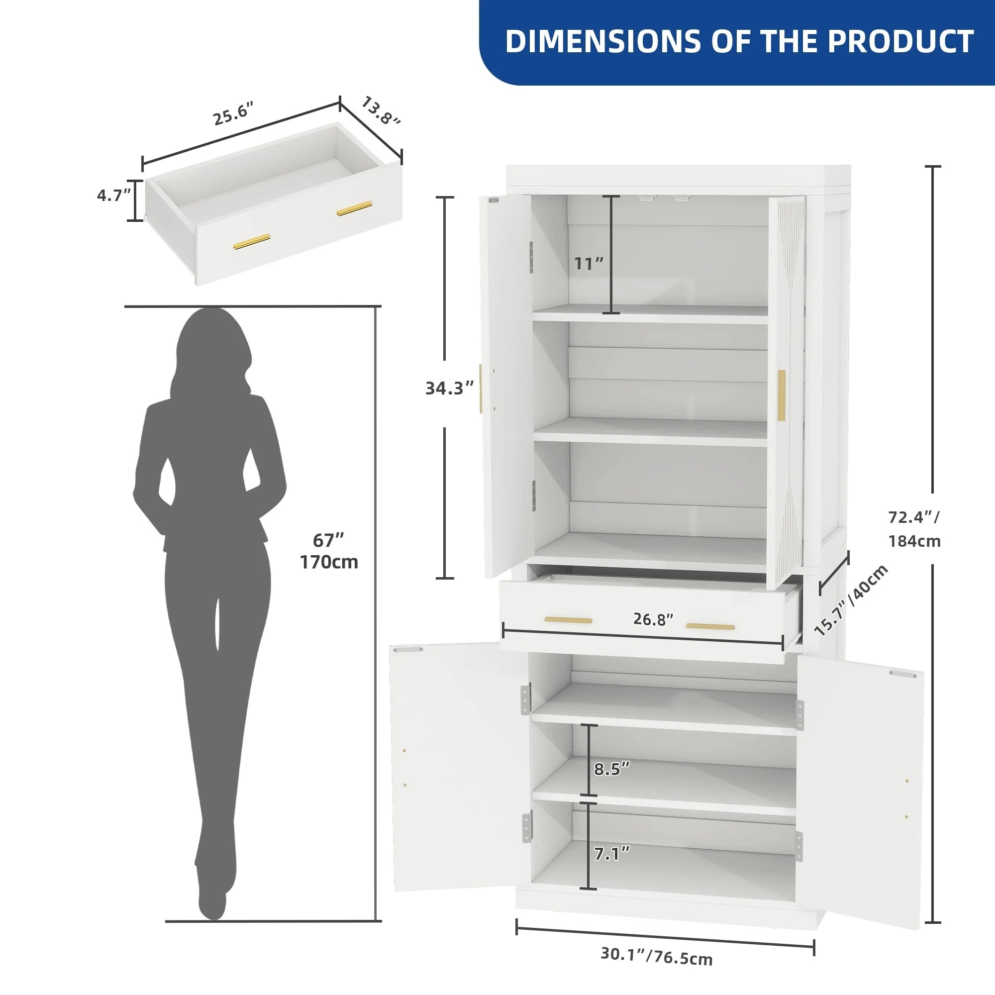 Moasis Farmhouse Freestanding 72'' Kitchen Pantry Storage Cabinet Cupboard with Drawer Adjustable Shelves