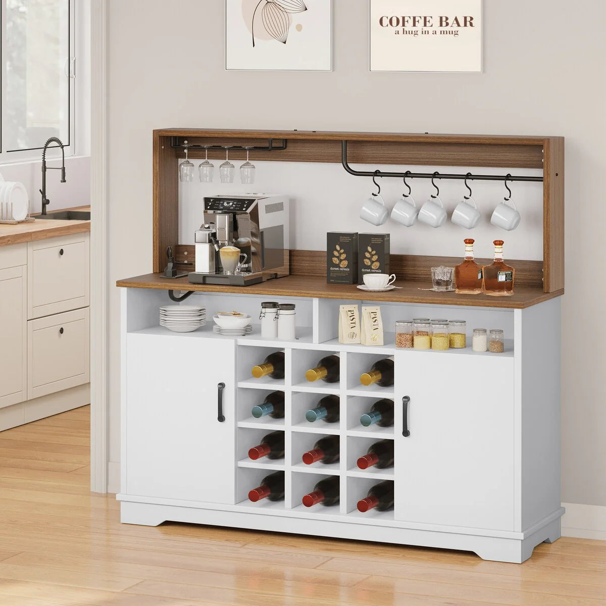 Moasis 55" Farmhouse Coffee Bar Cabinet Wine Buffet Cabinet - 15.7"D x 54.7"W x 50.3"H