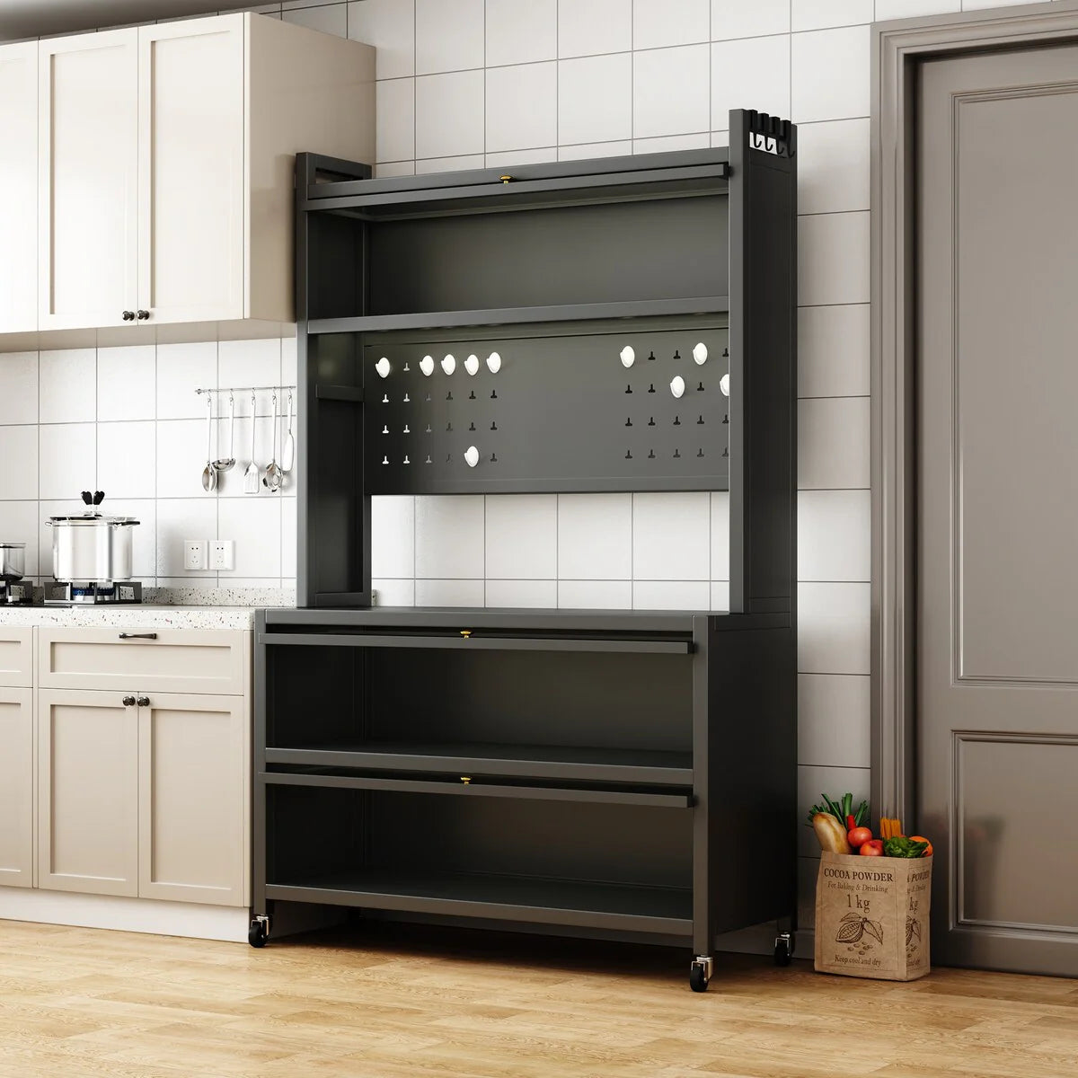 Kitchen Storage Cabinets with wheels - Bakers Rack Countertop, Microwave Oven Shelf Cabinet, Storage Organizer