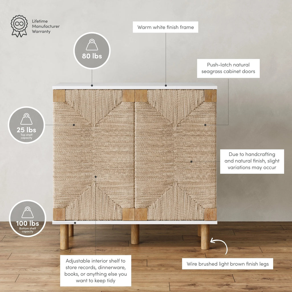 Nathan James Beacon Wood Accent Cabinet with Seagrass Doors and Adjustable Shelf