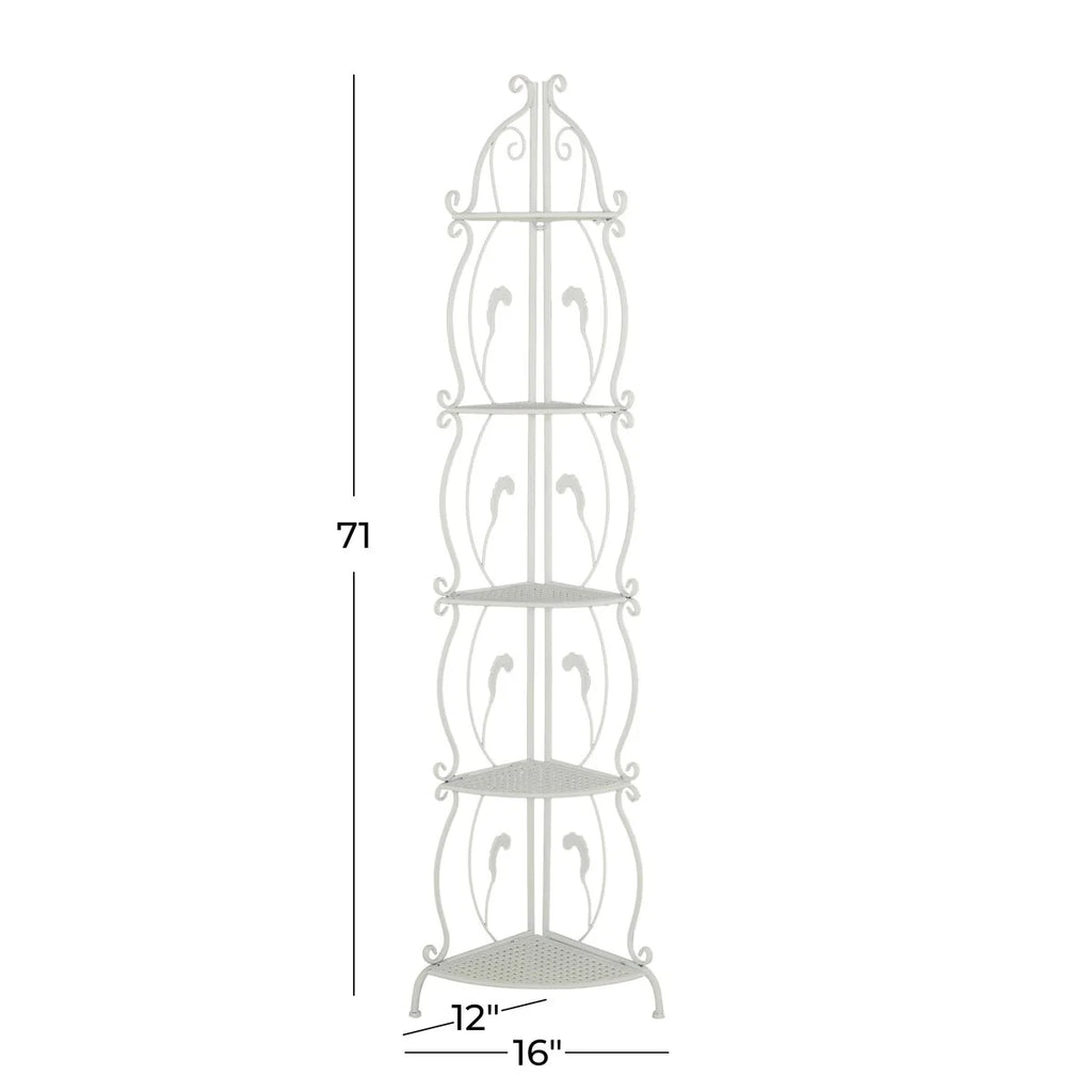 Metal Scroll Indoor Outdoor Tall Folding 5 Shelves Bakers Rack - Gold or White - Roche River Decor
