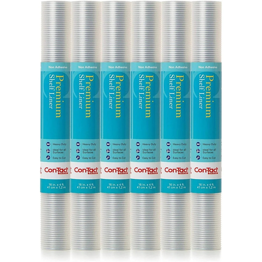 Con-Tact Brand Premium Plus Heavy Duty Non-Adhesive Shelf and Drawer Liner, 16" x 4', Ribbed Clear, (6 Rolls) - "16x4"