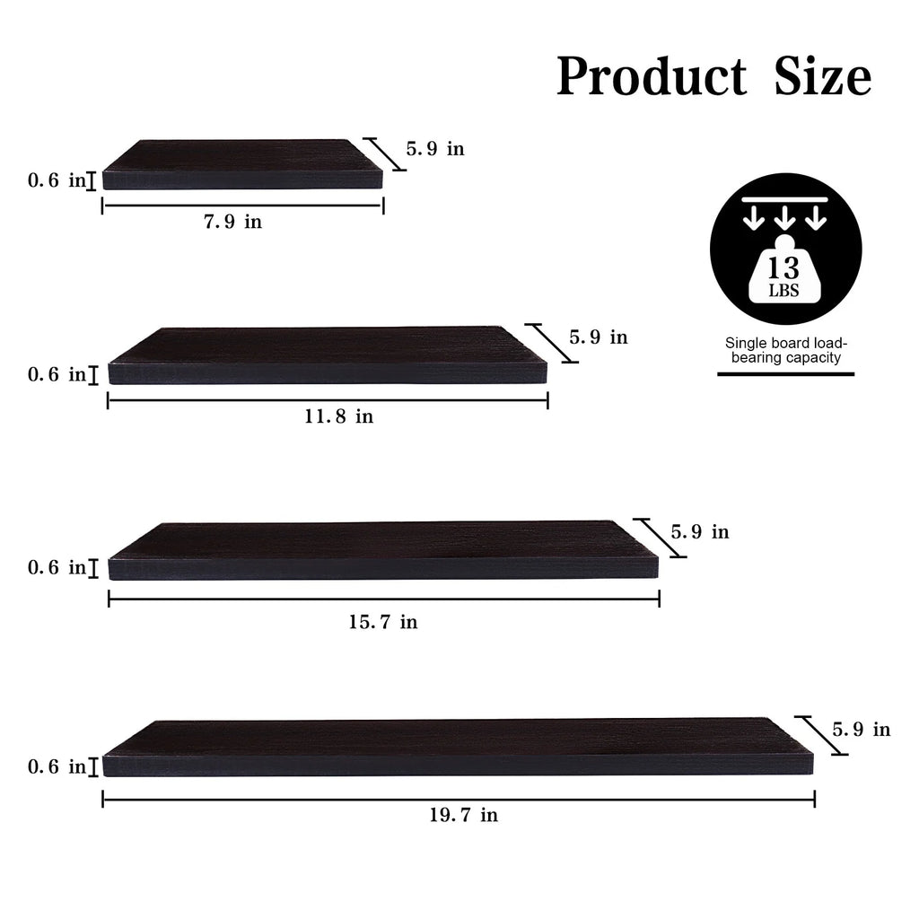 4Pcs Wood Floating Shelves Wall Mounted White Black Storage Shelf Set Home Decor