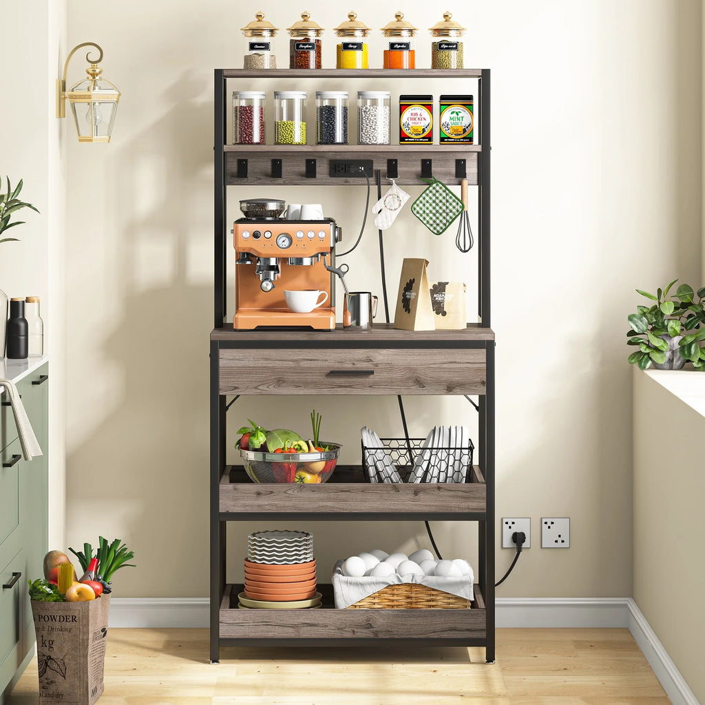 Kitchen Bakers Rack with Power Outlets, High Utility Storage Shelves Microwave Stand with Drawers