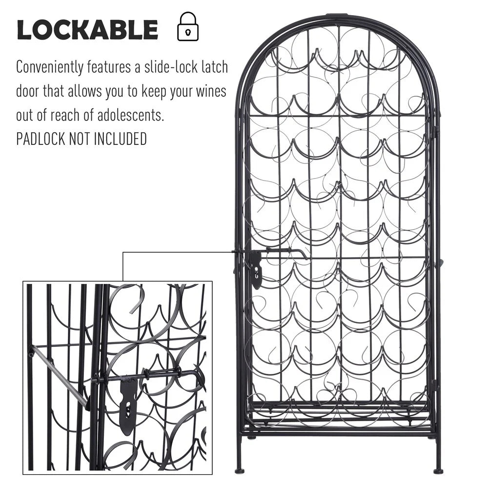 HOMCOM 35 Bottle Wrought Iron Wine Rack Jail with Lock - Black - 17.5*14*38.5