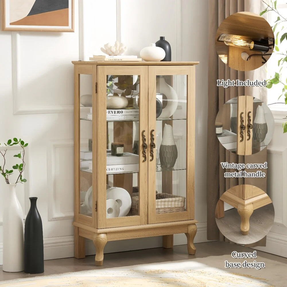Curio Cabinet with Tempered Glass Doors and Adjustable Shelves Light Bulb Included