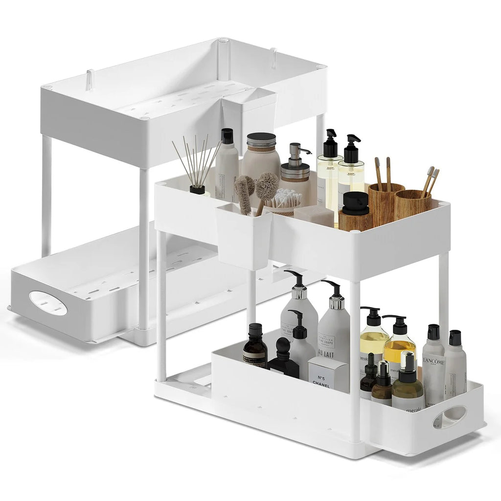 StorageBud 2 Tier Under Kitchen Sink Organizer with Sliding Drawer-Bathroom Cabinet Organizer with Utility Hooks and Side Caddy