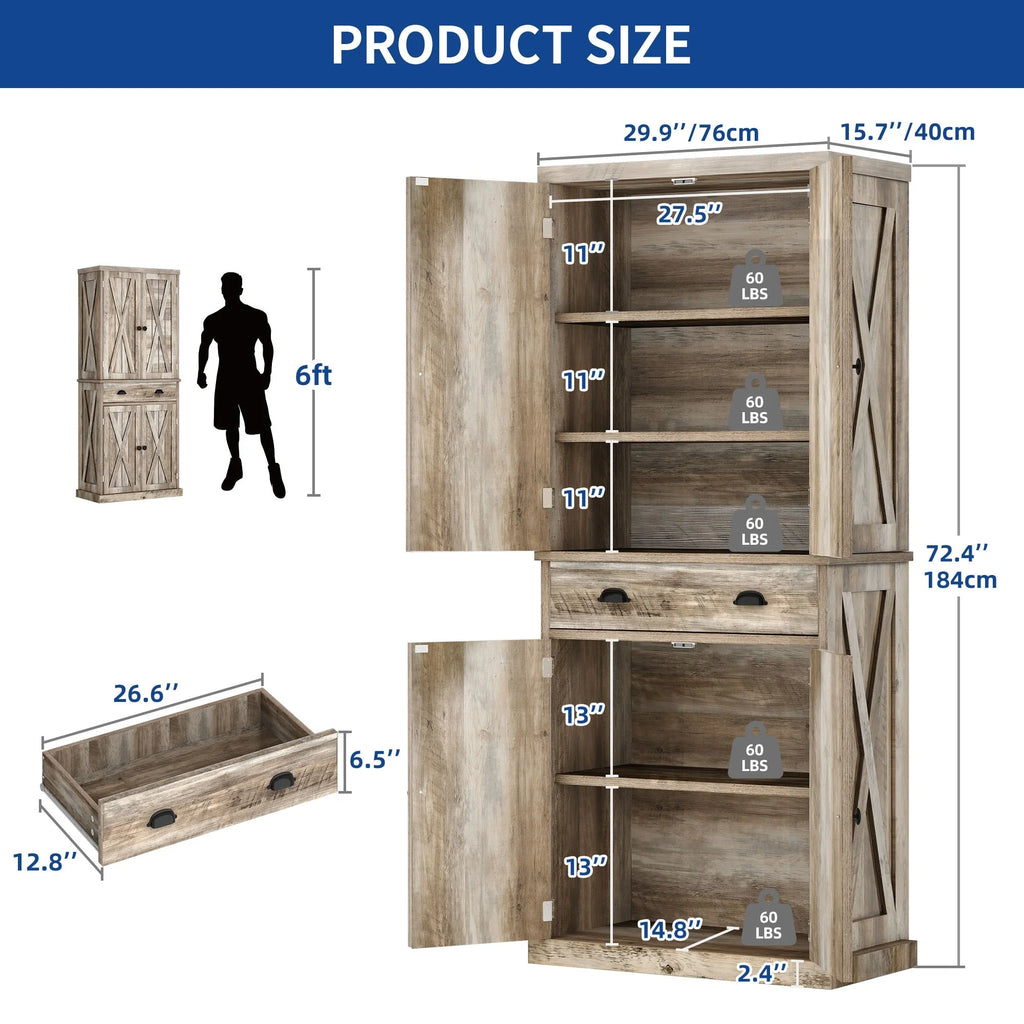 Moasis Farmhouse Freestanding 72'' Kitchen Pantry Storage Cabinet Cupboard with Drawer Adjustable Shelves