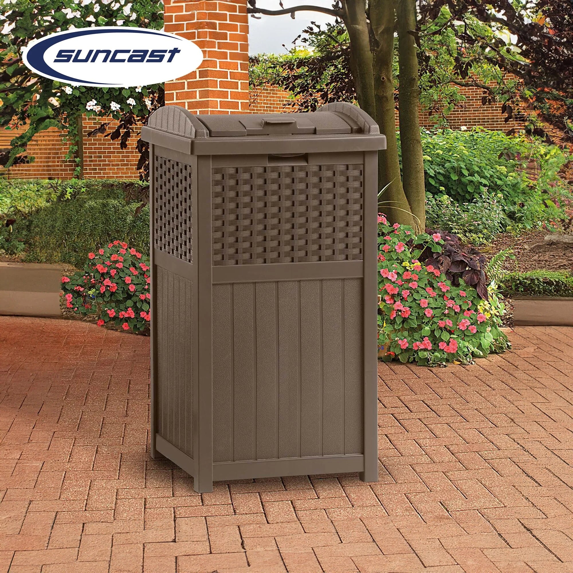 Suncast Trash Hideaway 33 Gallon Resin Wicker Outdoor Garbage Container (4 Pack)