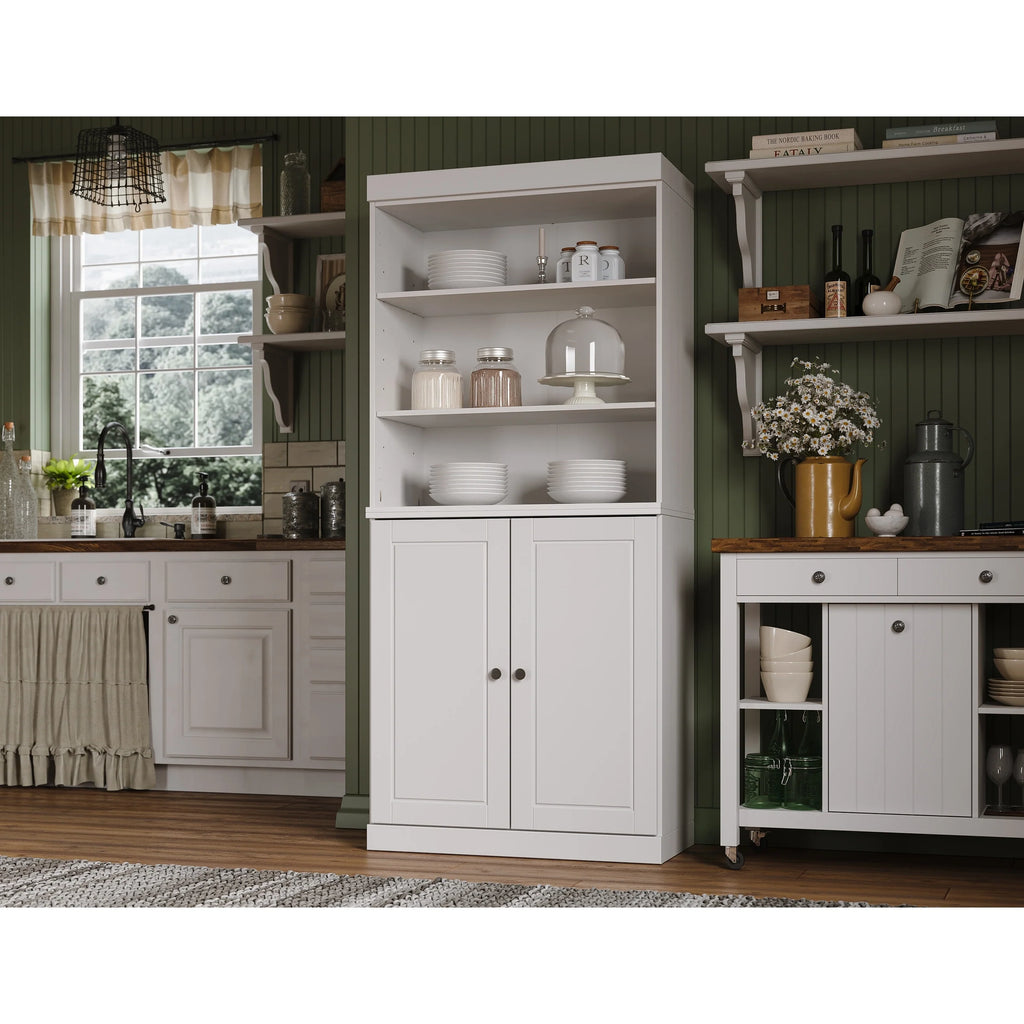 100% Solid Wood Kitchen Pantry Cabinet with 2 Clear Glass or Solid Wood Doors and 2-Drawer Organizer by Palace Imports