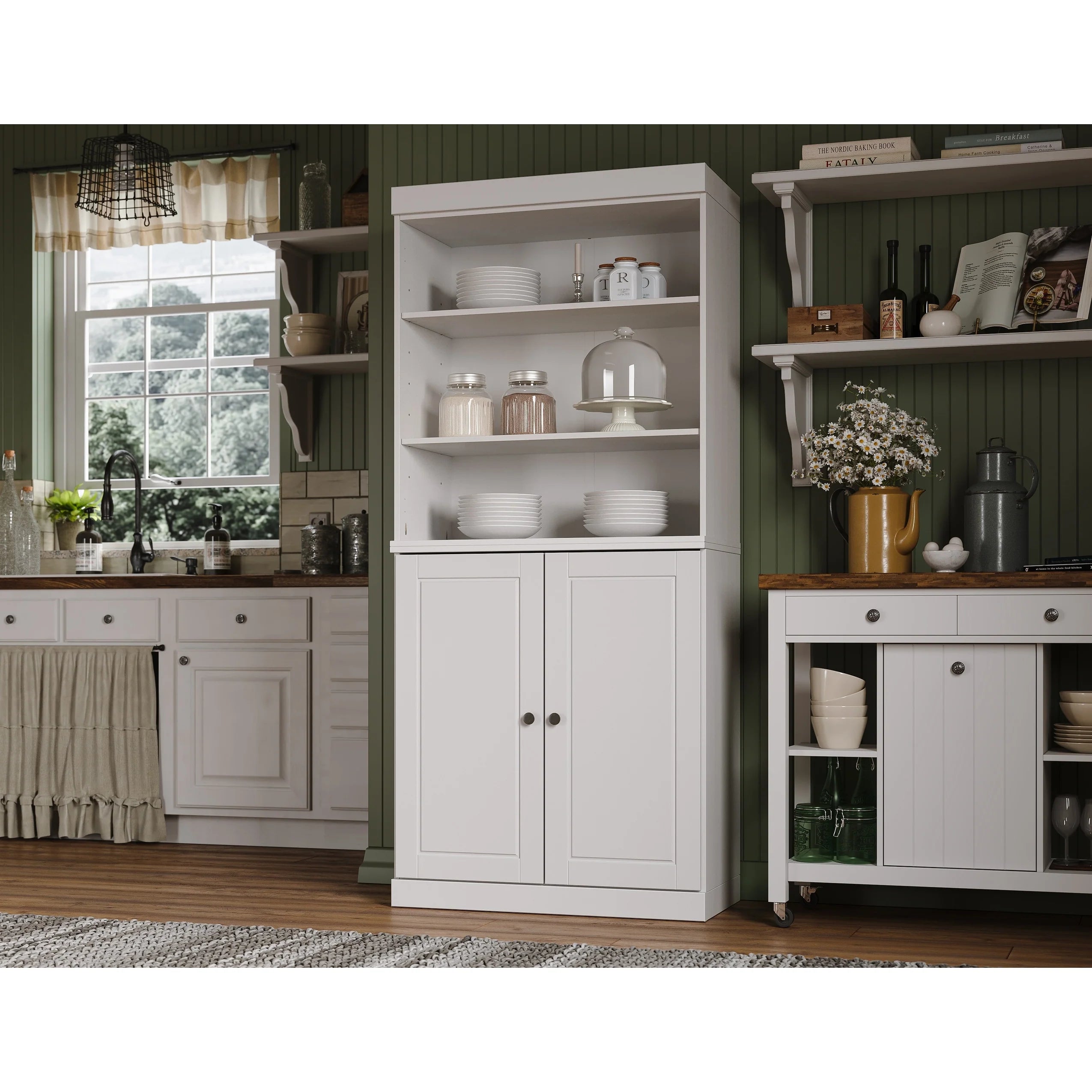 100% Solid Wood Kitchen Pantry Cabinet with 2 Clear Glass or Solid Wood Doors and 2-Drawer Organizer by Palace Imports