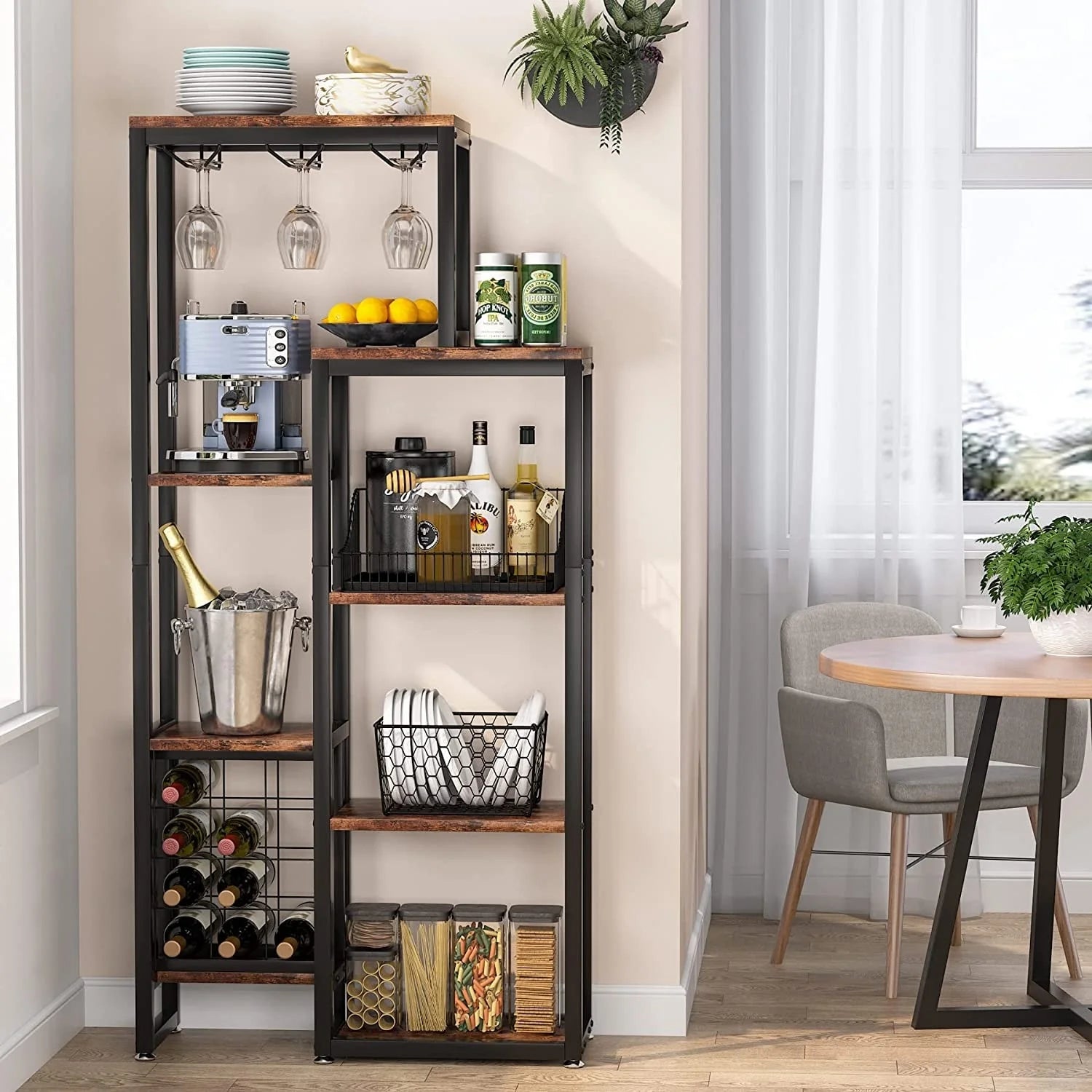 5-Tier Freestanding Floor Wine Baker Rack with Glass Holder & Wine Storage, Industrial Wine Display for Bar, Dining Room - N/A