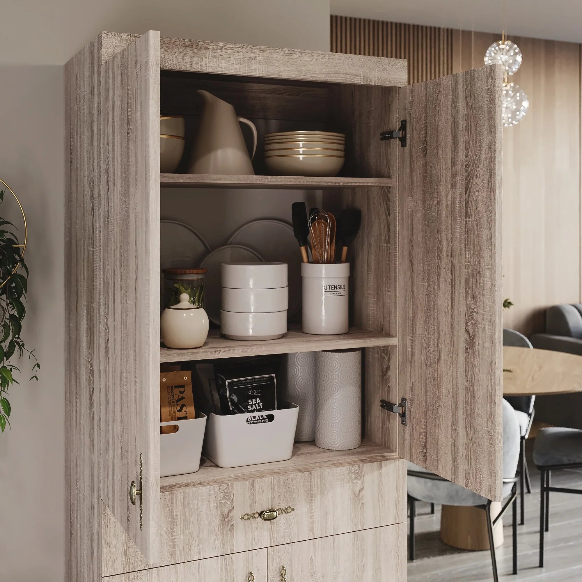 Living Skog Monti Food Pantry Storage Kitchen Cabinet with Adjustable Shelves and Drawer